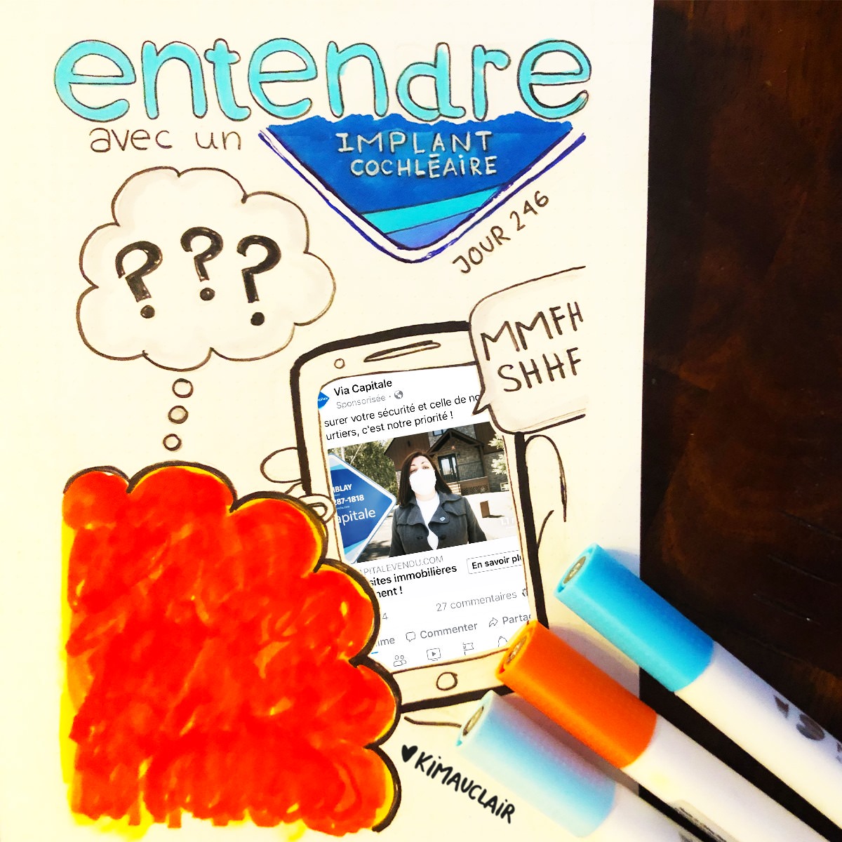 Une illustration de Kim Auclair où elle discute en visio avec une interlocutrice masquée