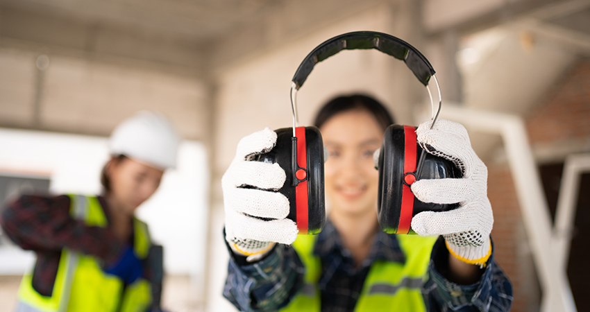 Photo sur laquelle on aperçoit 2 femmes réalisant des travaux. L'une d'entre elle tend un casque anti-bruit face à l'objectif.