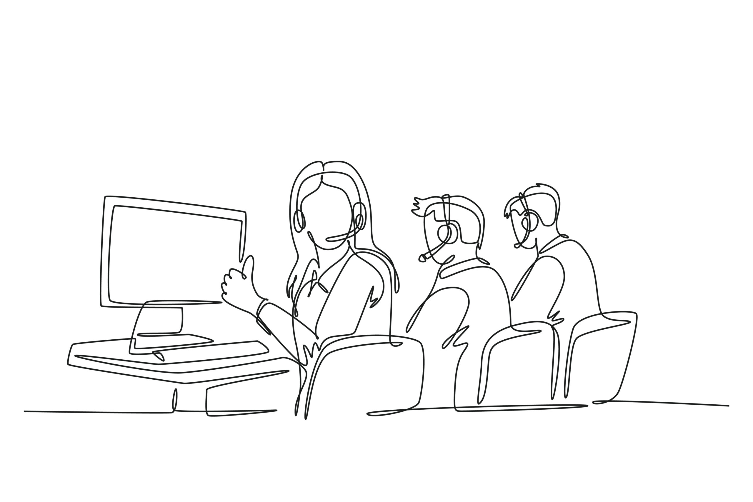 Illustration montrant des personnes avec des casques et un ordinateur.